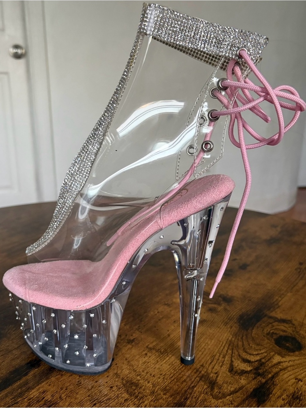 Pleaser Clear PVC Pink Platform Lace-Up Heels with Rhinestone Trim